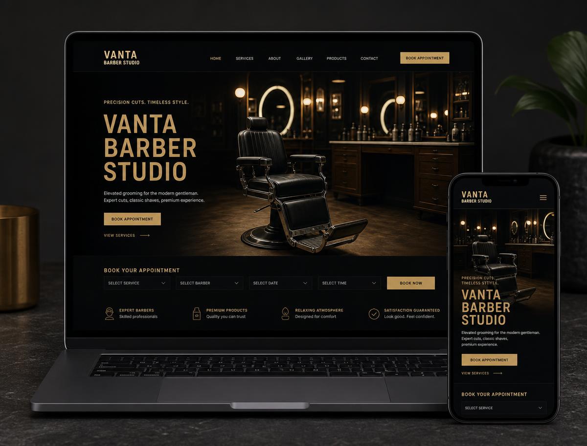 VANTA Barber Studio concept website displayed on a laptop and phone
