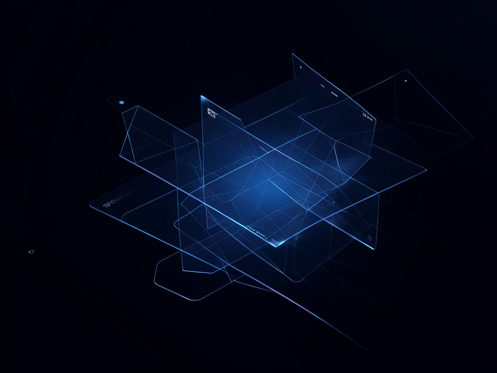 Layered website layouts glowing against a dark grid, representing custom web design